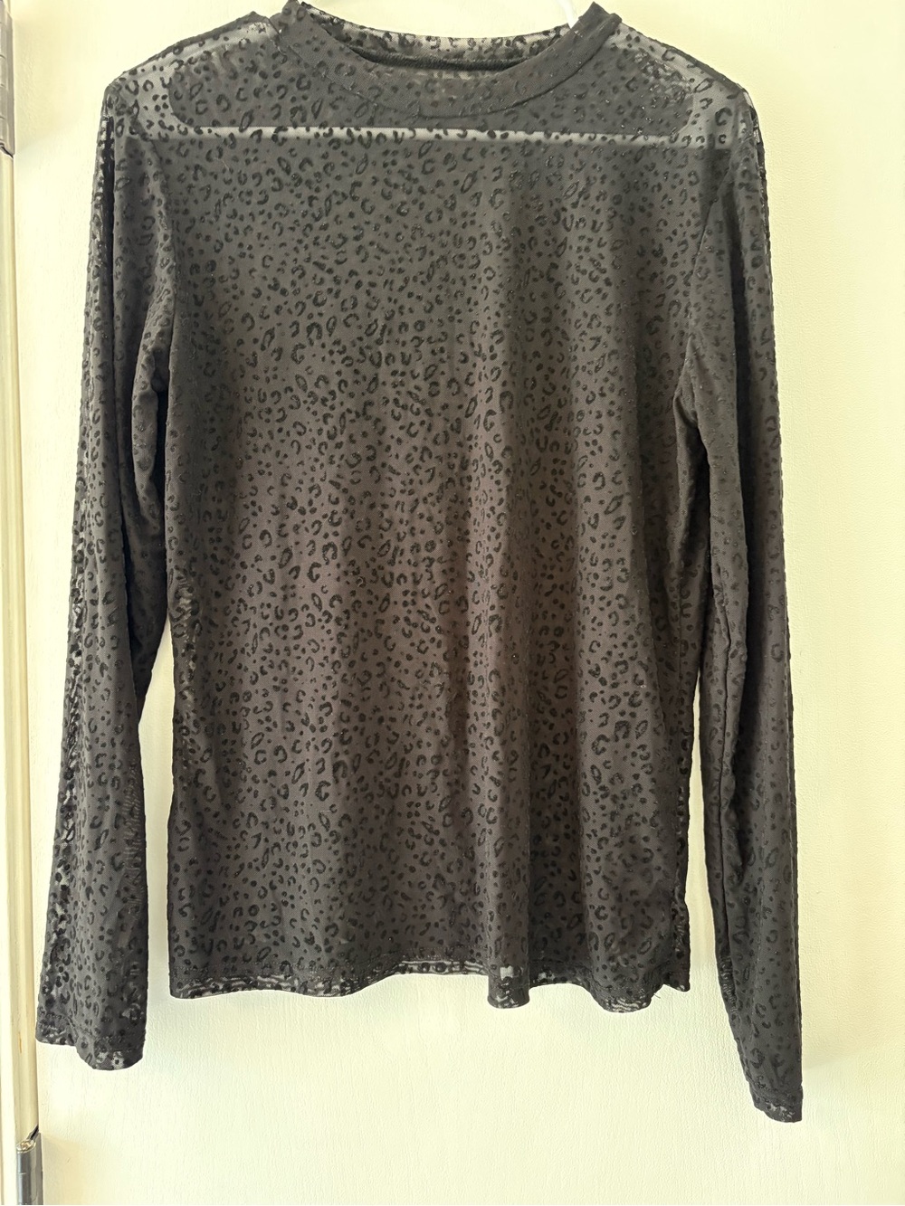 Black Sheer Mesh Leopard Print Long Sleeve Top Mock Neck Blouse M / L